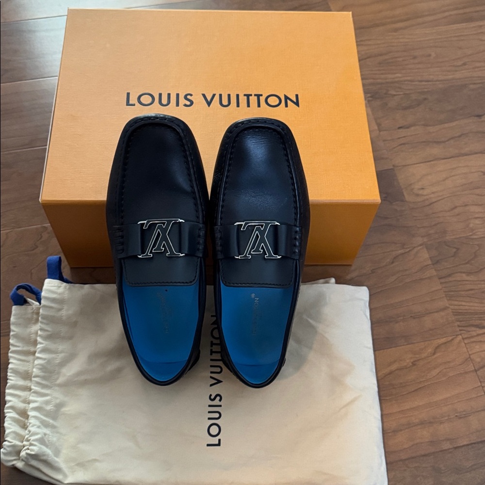 Louis Vuitton Black Leather Loafers with Silver Accent